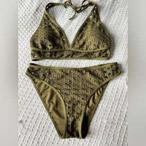 New Carmen Marc Valvo Olive Green Crochet-Like Bikini Swim Set Small